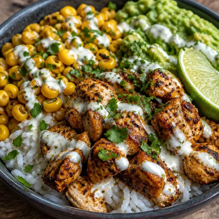 High Protein Healthy Street Corn Chicken Bowl with vibrant toppings and ingredients