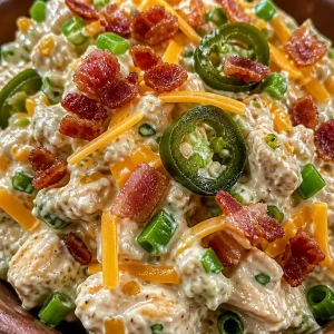 High Protein Jalapeno Popper Chicken Salad garnished with jalapenos and cream cheese