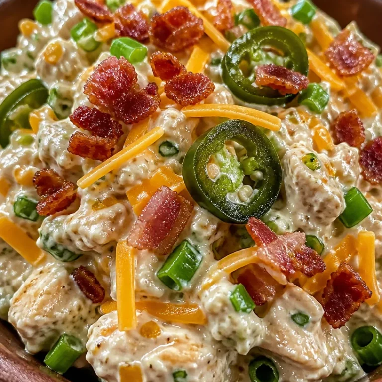 High Protein Jalapeno Popper Chicken Salad garnished with jalapenos and cream cheese