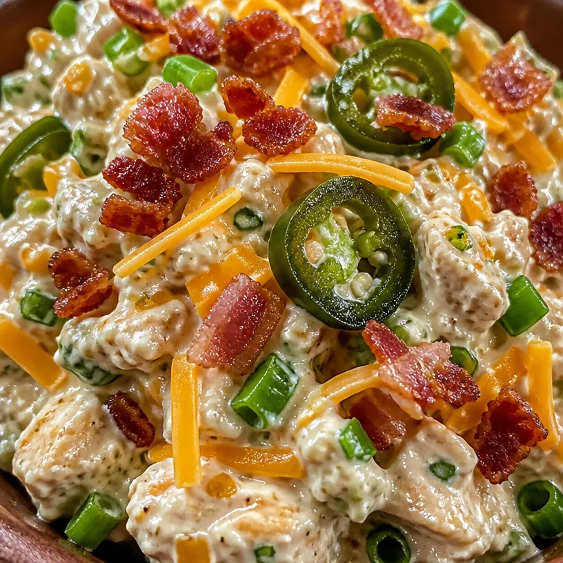 High Protein Jalapeno Popper Chicken Salad garnished with jalapenos and cream cheese
