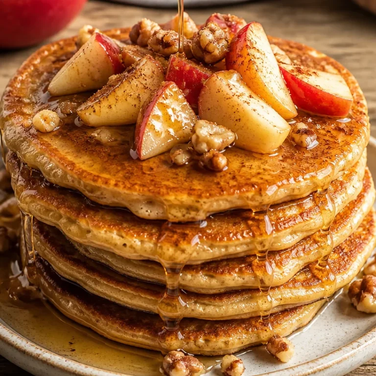 Delicious high protein oatmeal pancakes stacked on a plate with maple syrup