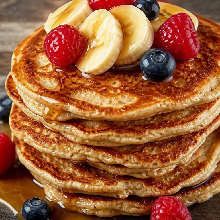 Stack of high protein oatmeal pancakes topped with fresh fruits and syrup