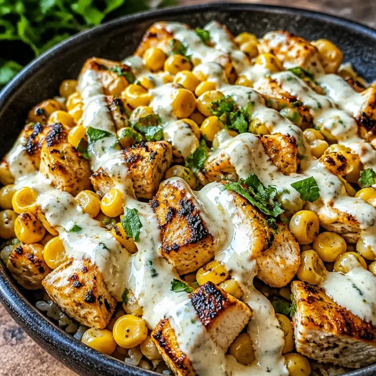 High Protein Street Corn Chicken Bowl with grilled chicken and corn toppings