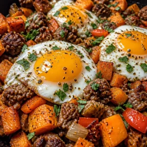 High-protein sweet potato breakfast hash in a colorful bowl with vibrant vegetables.