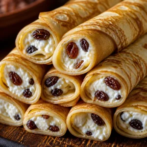 Hungarian cottage cheese crepes filled with raisins served on a plate.