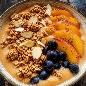 Fresh and vibrant Peach Protein Smoothie Bowl topped with fruits and seeds