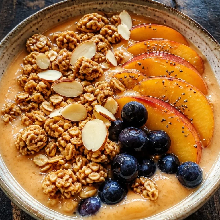 Fresh and vibrant Peach Protein Smoothie Bowl topped with fruits and seeds