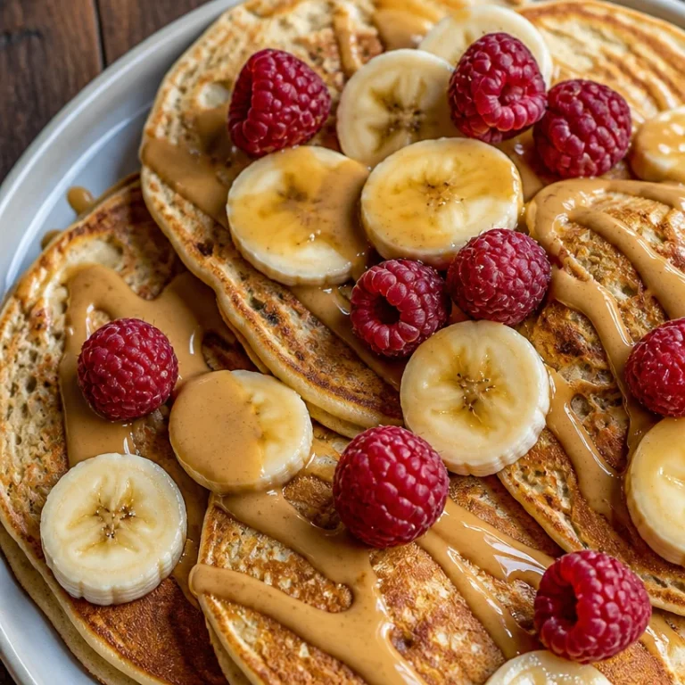 Delicious peanut butter protein pancakes stacked with syrup and berries