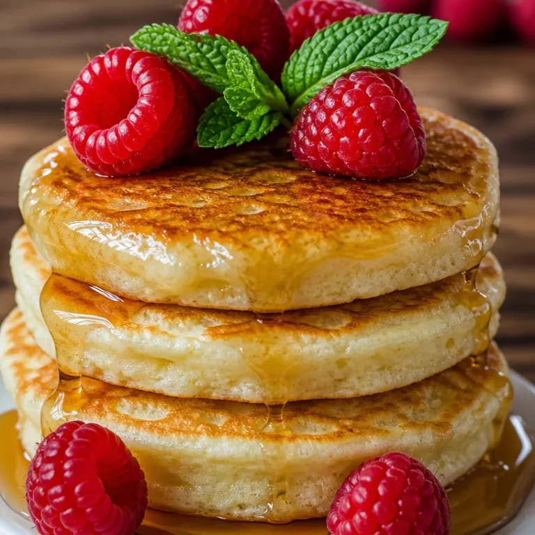 Fluffy and delicious Pongee Pancakes served with syrup and berries.