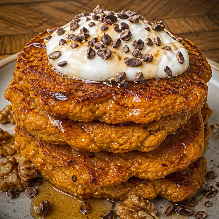 Fluffy pumpkin cottage cheese oatmeal pancakes stacked on a plate