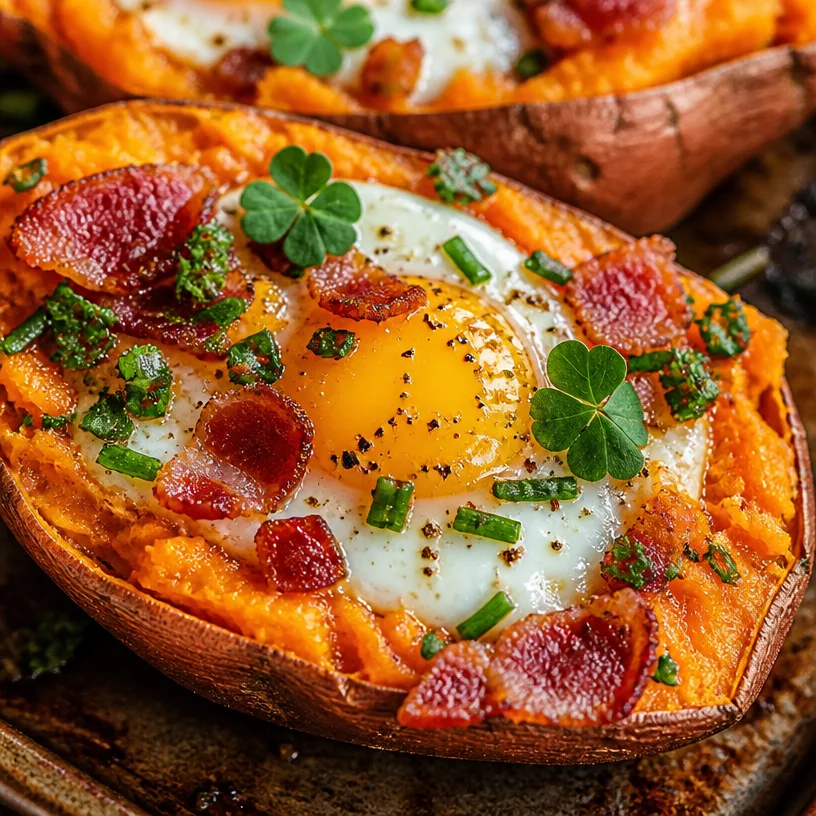 St. Patrick's Day breakfast featuring sweet potato dish with green garnishes