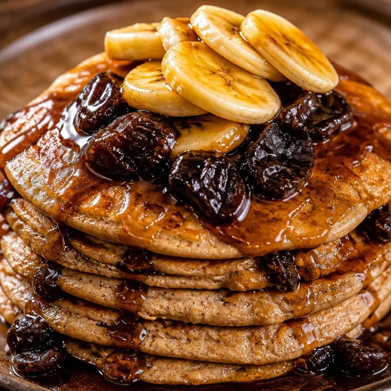 Whole Wheat Banana Protein Pancakes with Spiced Prune Syrup on a plate