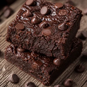 Delicious 3 ingredient banana brownies topped with chocolate drizzle.
