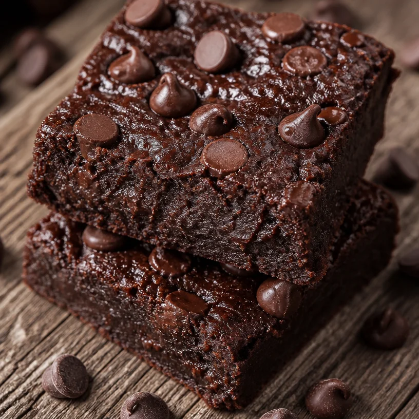 Delicious 3 ingredient banana brownies topped with chocolate drizzle.