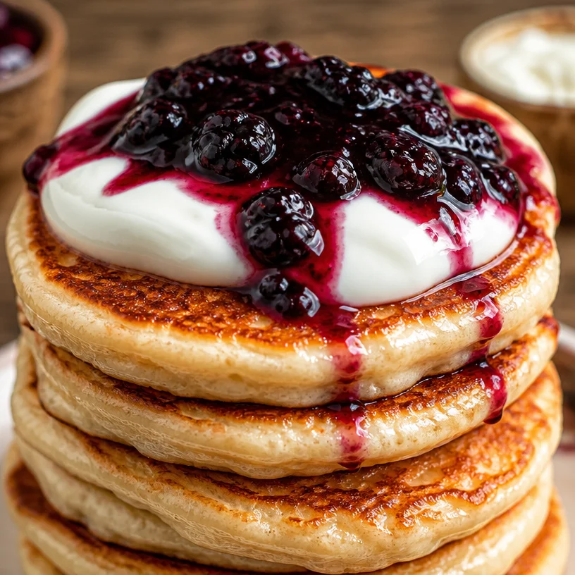Fluffy 3-ingredients cottage cheese pancakes stacked on a plate