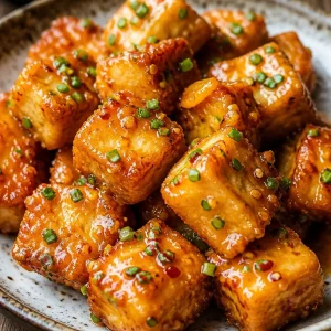 Crispy Air Fryer Bang Bang Tofu served with spicy sauce and vegetables