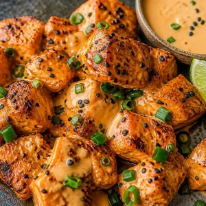 Crispy air fryer salmon bites served with spicy Bang Bang sauce
