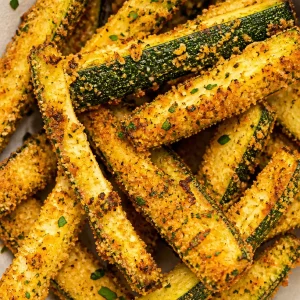Crispy air fryer zucchini fries served with dipping sauce