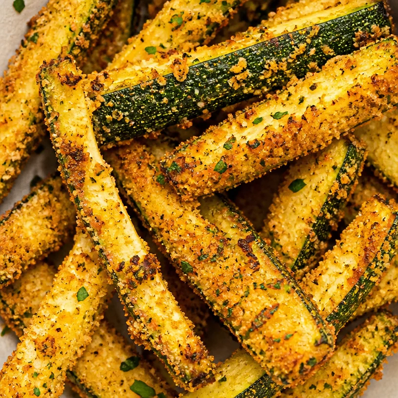 Crispy air fryer zucchini fries served with dipping sauce