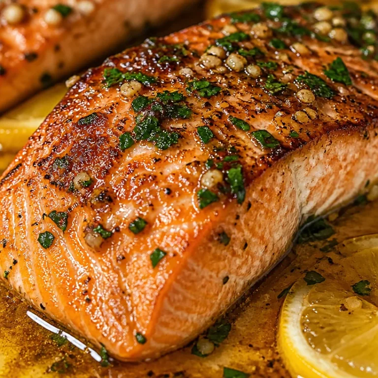 Baked Lemon Garlic Butter Salmon served with fresh herbs and lemon wedges