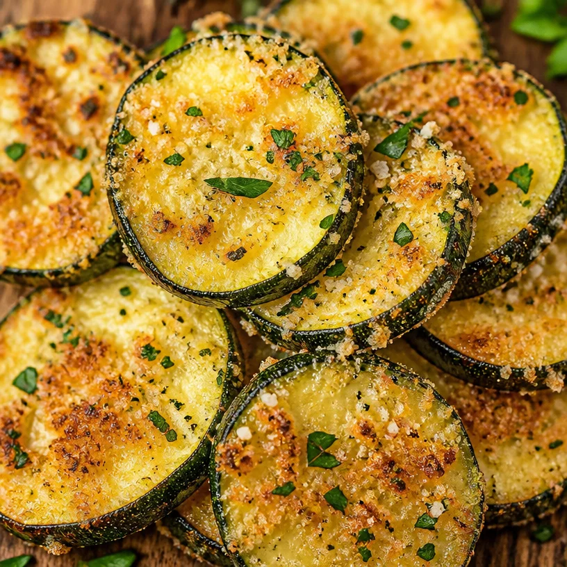 Baked Parmesan Zucchini slices, golden and crispy, garnished with herbs.