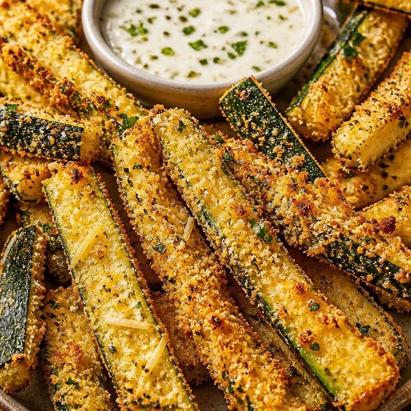 Baked Parmesan Zucchini Fries served on a plate with dipping sauce
