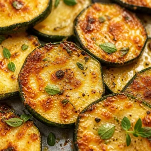 Baked zucchini chips arranged on a plate with seasoning