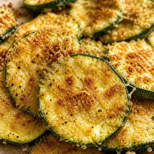 Baked zucchini chips topped with Parmesan cheese, served in a bowl.
