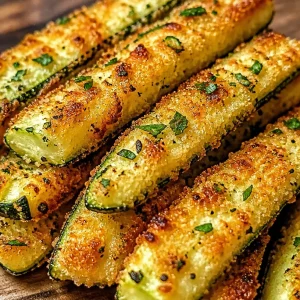 Crispy baked zucchini sticks coated with Parmesan crust on a plate