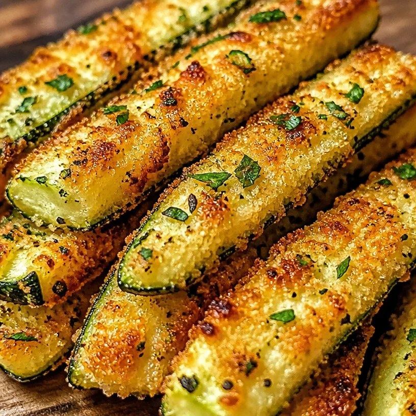 Crispy baked zucchini sticks coated with Parmesan crust on a plate
