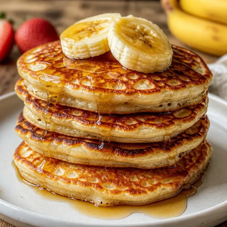 Fluffy banana cottage cheese pancakes stacked on a plate topped with syrup