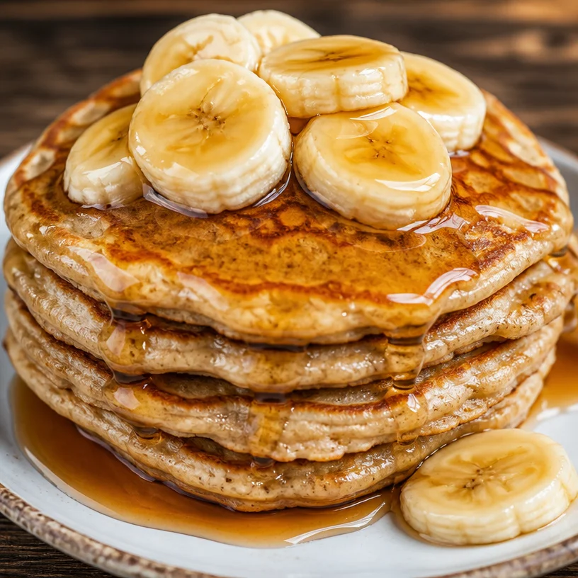 Plate of fluffy banana oatmeal pancakes topped with fresh fruit and syrup