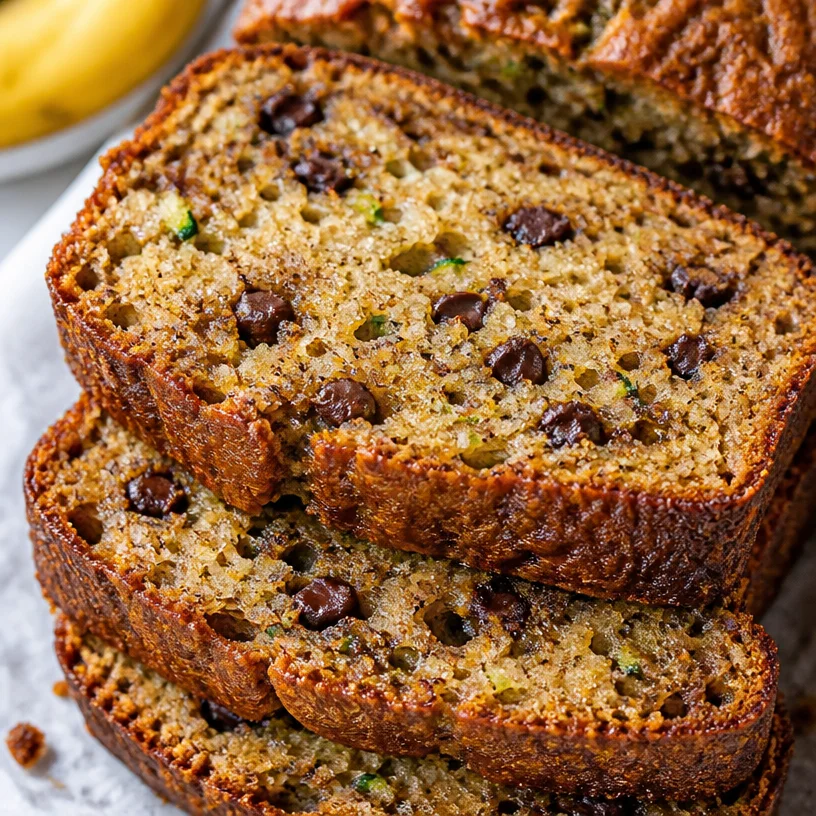 Loaf of moist Banana Zucchini Bread with slices on a wooden cutting board