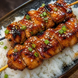 Delicious teriyaki chicken skewers served on a grill with colorful vegetables