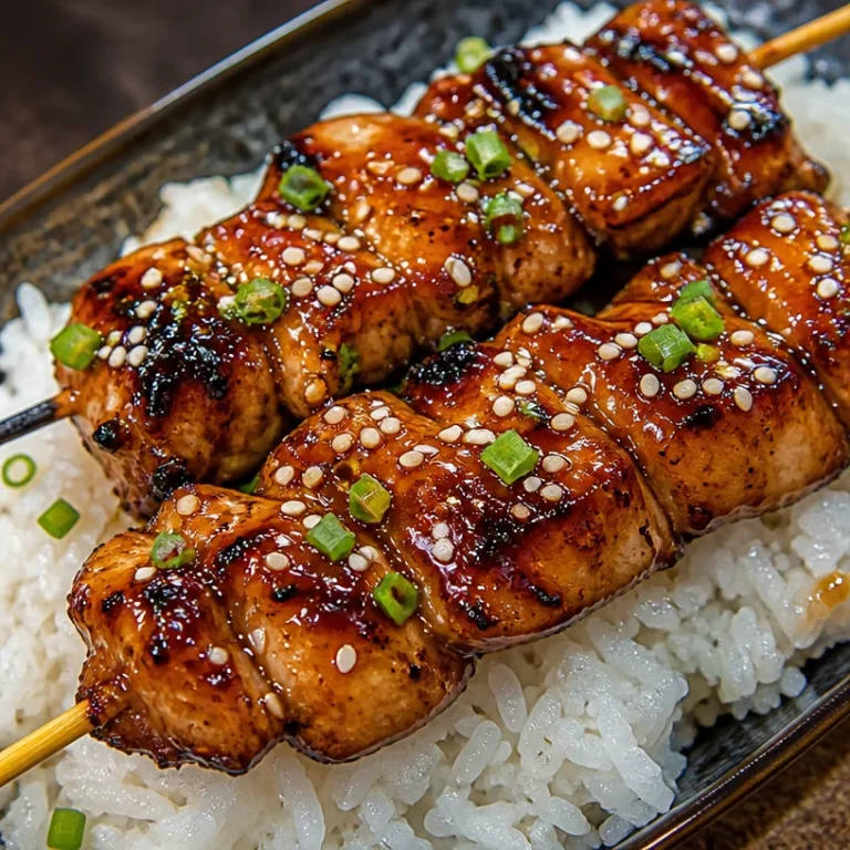 Delicious teriyaki chicken skewers served on a grill with colorful vegetables