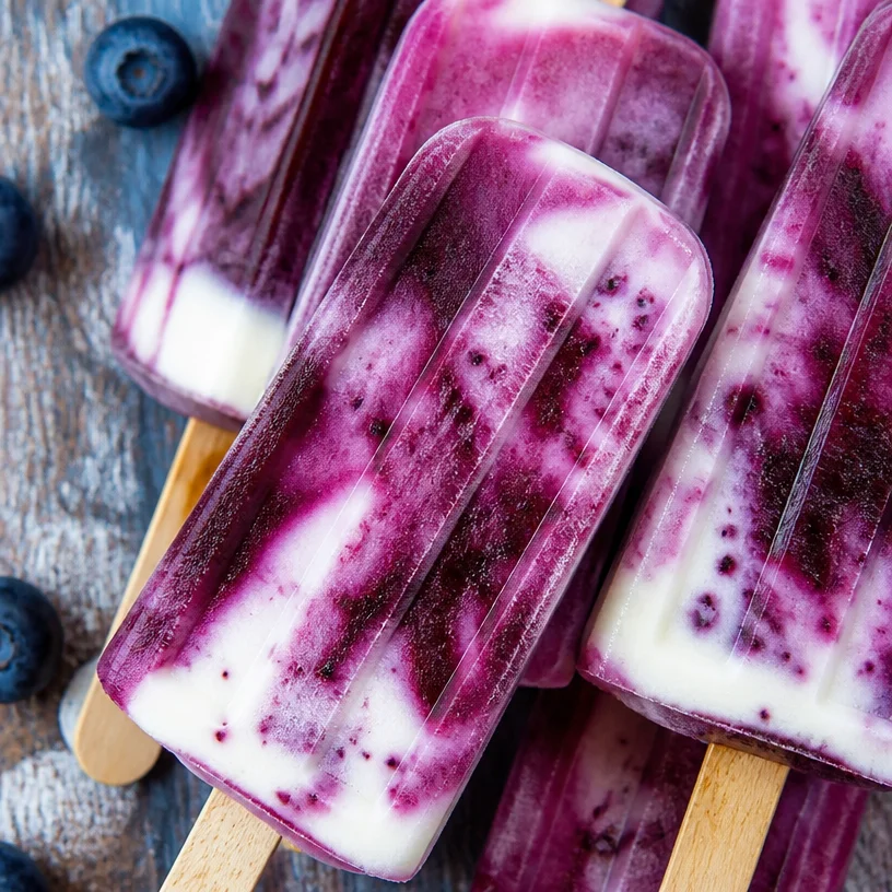Blueberry Greek yogurt popsicles on a wooden table