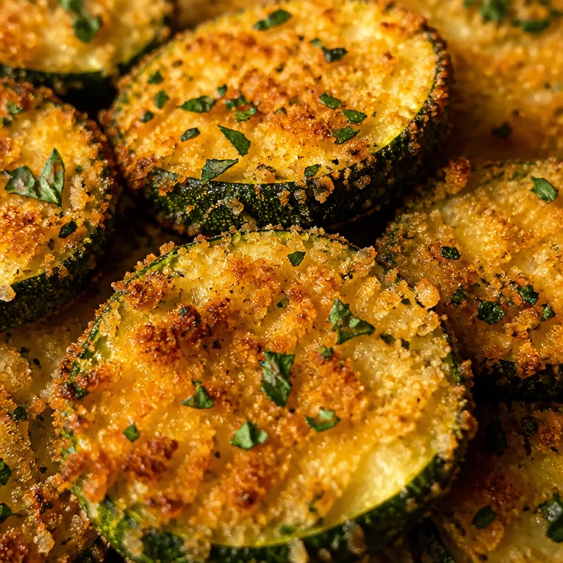 Crispy breaded baked zucchini with Parmesan cheese on a plate