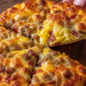 Delicious Breakfast Pizza topped with eggs and cheese