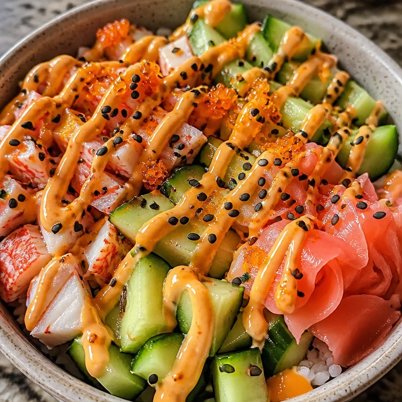 California Roll Sushi Bowl topped with avocado, crab, and cucumber