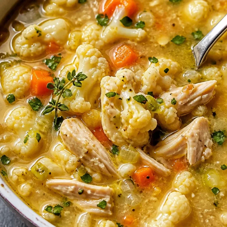 Delicious Cauliflower Chicken Soup served in a bowl with fresh herbs