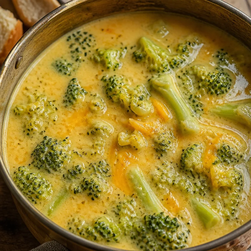 Bowl of creamy Cheddar Broccoli Soup garnished with fresh broccoli florets