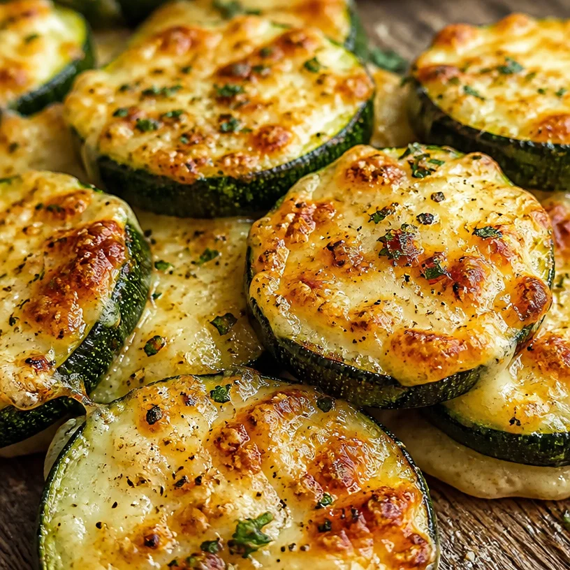 Cheesy baked zucchini rounds topped with melted cheese and herbs