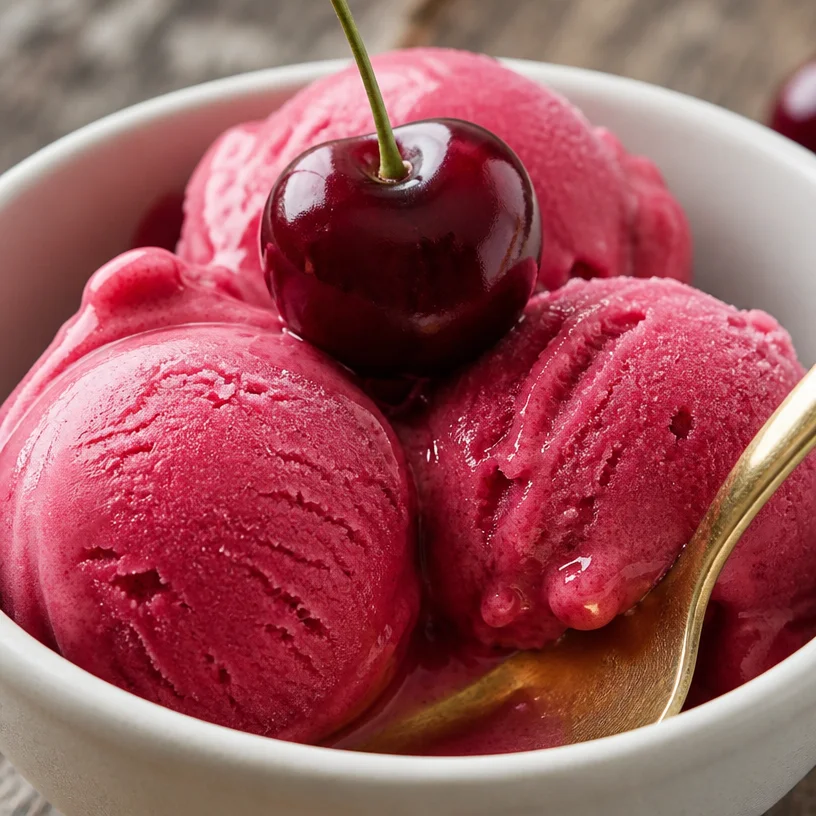 Delicious cherry frozen yogurt topped with fresh cherries and whipped cream