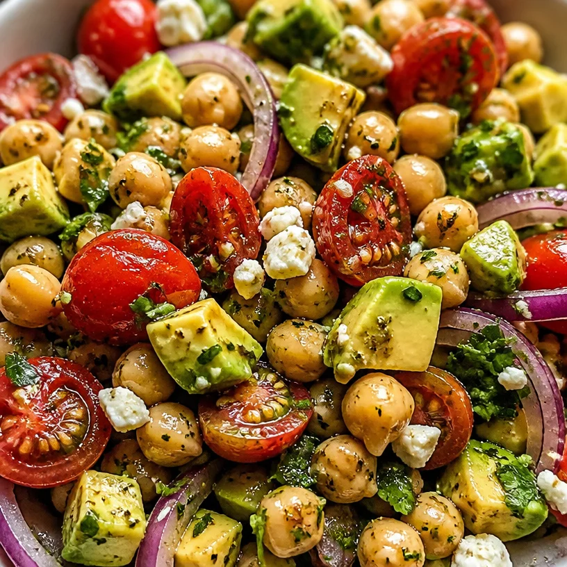 Colorful chickpea salad with vegetables and herbs in a bowl