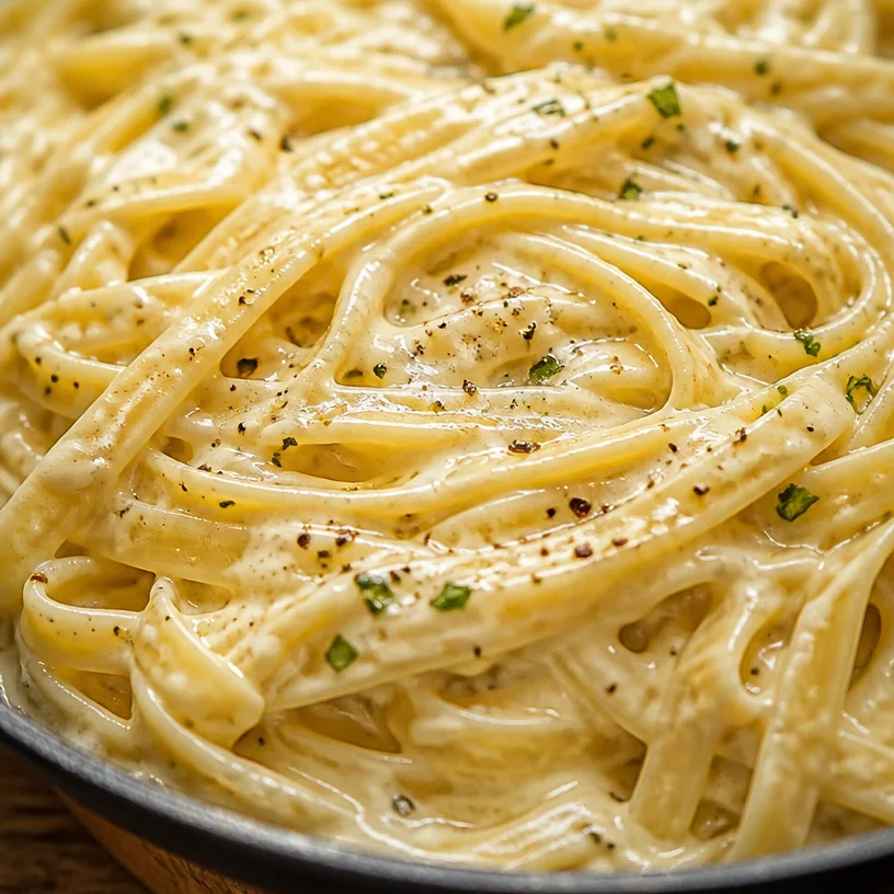 Bowl of Cottage Cheese Alfredo with pasta and fresh herbs
