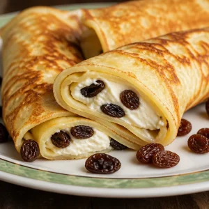 Fluffy cottage cheese crepes filled with raisins on a plate