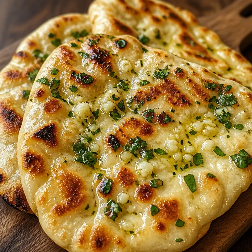 Delicious cottage cheese garlic naan served on a platter.