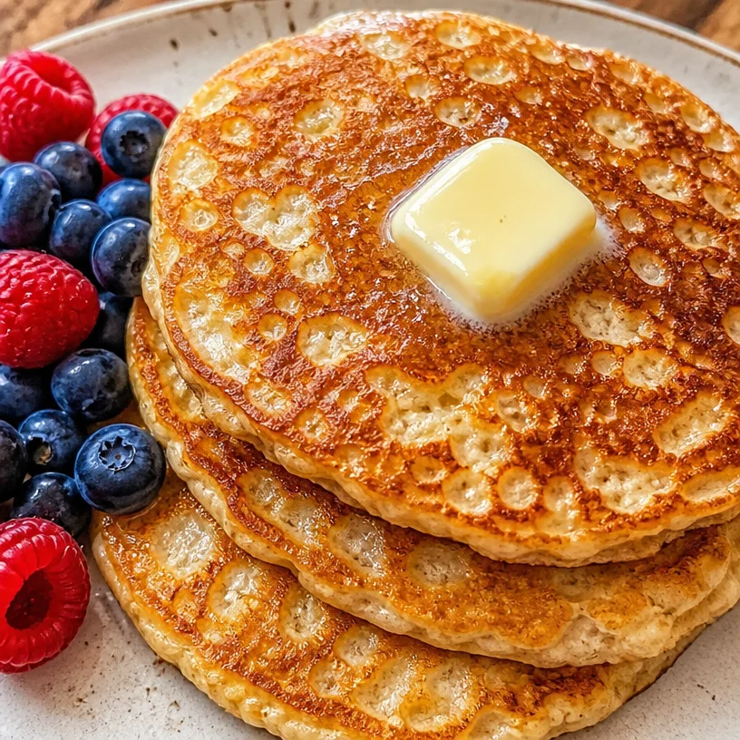 Fluffy cottage cheese oatmeal pancakes stacked on a plate