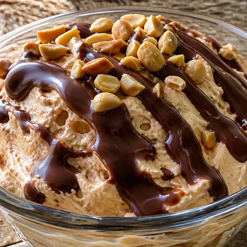 Deliciously creamy Cottage Cheese Peanut Butter Mousse served in a bowl