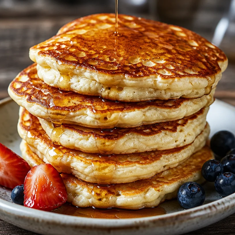 Stack of protein-rich cottage cheese pancakes topped with fruit